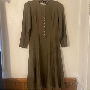 Adrienne Vittadini Vintage Hong Kong Olive 100% Linen Midi Dress 8